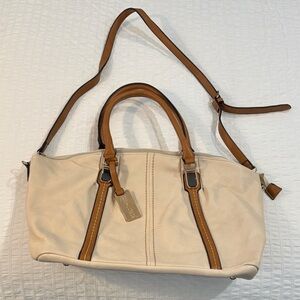 Cream and Tan Leather Satchel Handbag